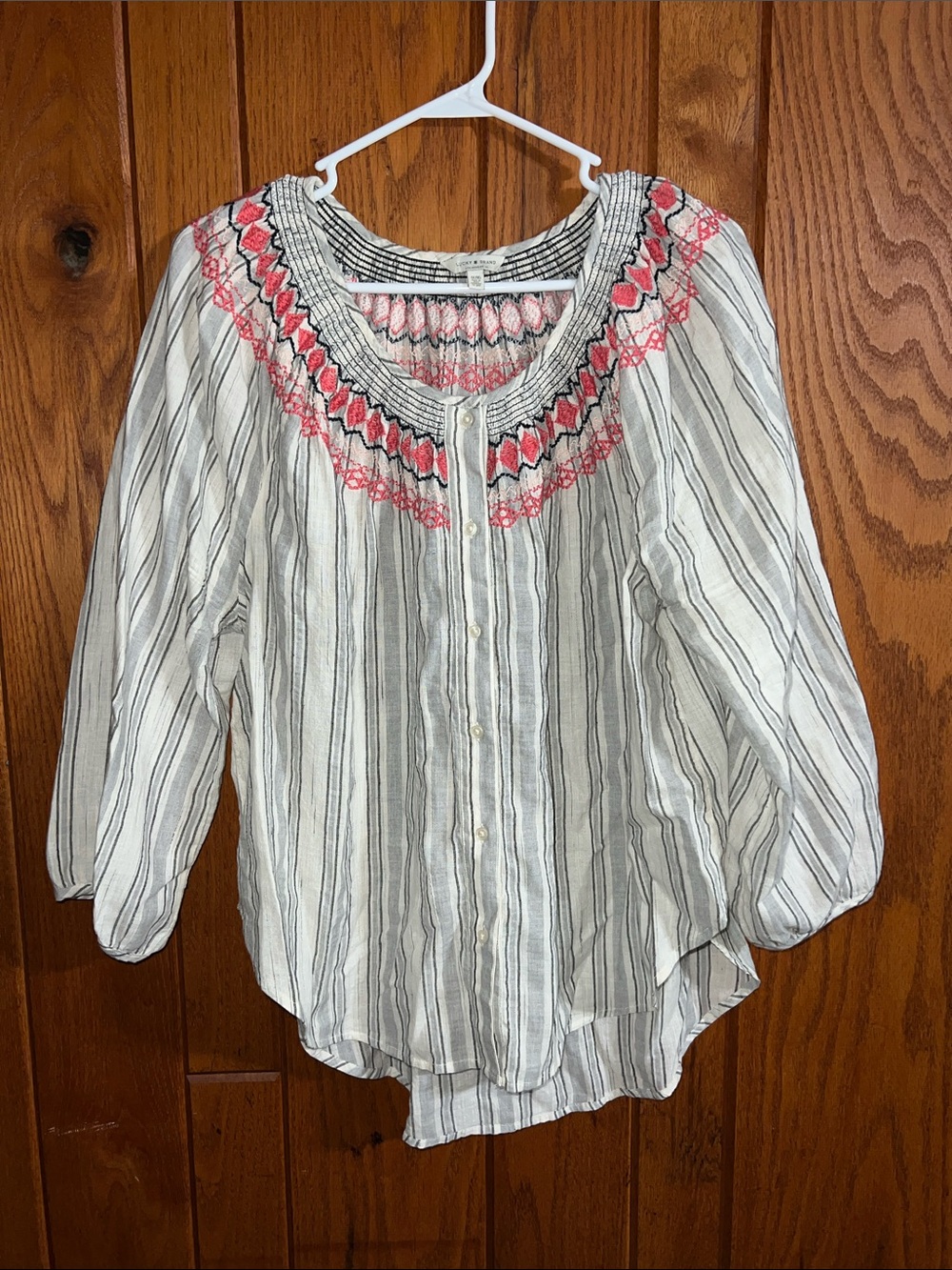 Lucky Brand White Striped Button-Down Top with Pink Embroidery Plus Size 1X